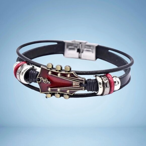 Red Guitar Faux Leather Bracelet – Unisex Style #1476 - Picture 1 of 4